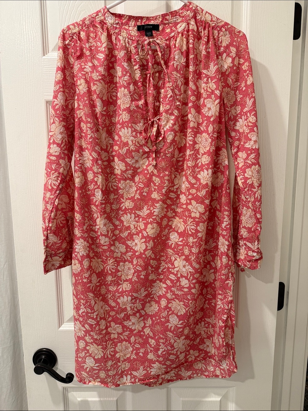 J. Crew Coral Pink Floral Long-Sleeve Tie-Neck Cotton Dress XXS